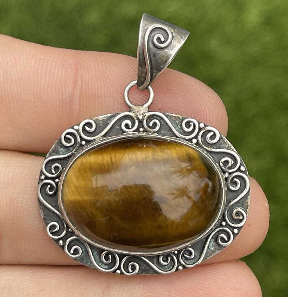 Vintage Sterling Silver Necklace 925 Pendant Tigers Eye Brown Stone